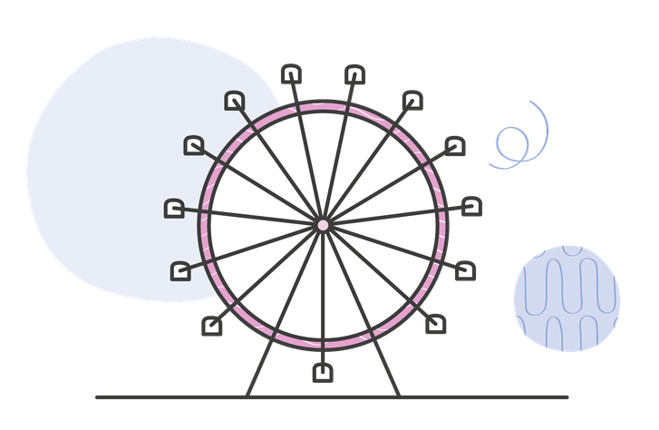 Illustration eines Riesenrads mit rosa Umrandung und Gondeln​