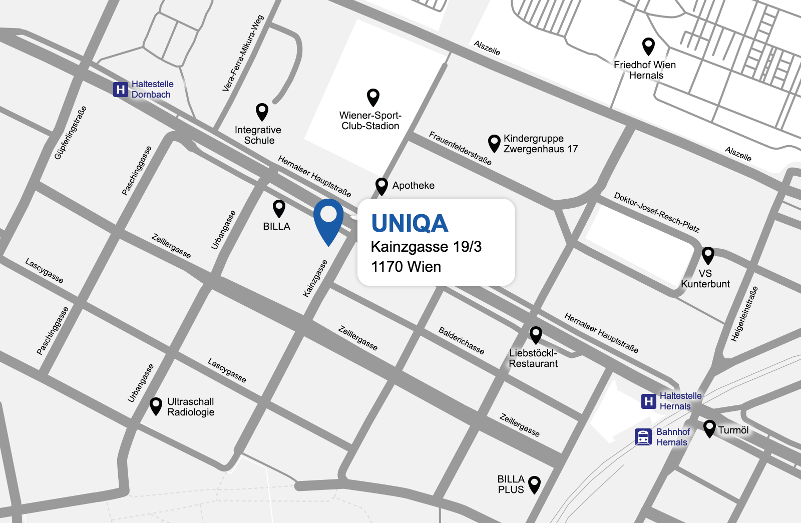 Eine detaillierte gezeichnete Karte der UNIQA Generalagentur Walter Meidl